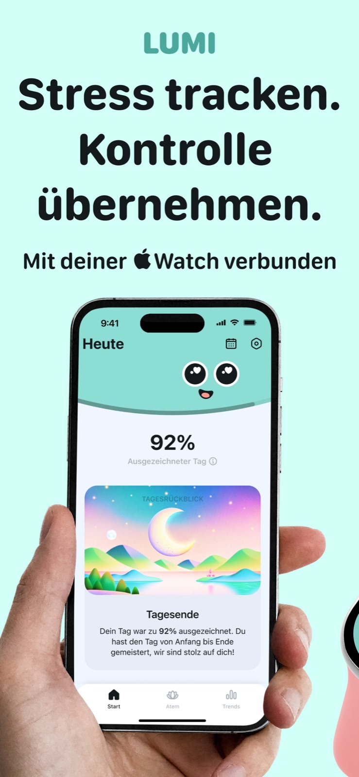 Lumi-App auf dem iPhone mit einem Excellent-Day-Stressscore von 92 %, unterstützt von der Apple Watch