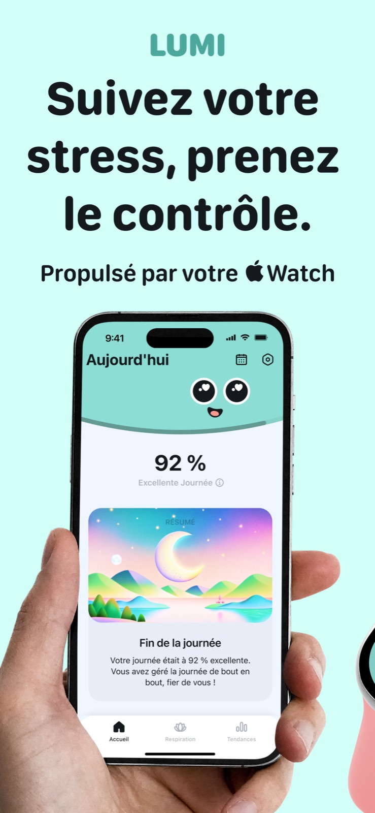 Votre journée d'un coup d'œil : un score de stress issu de la VFC et de la récupération nocturnes.
