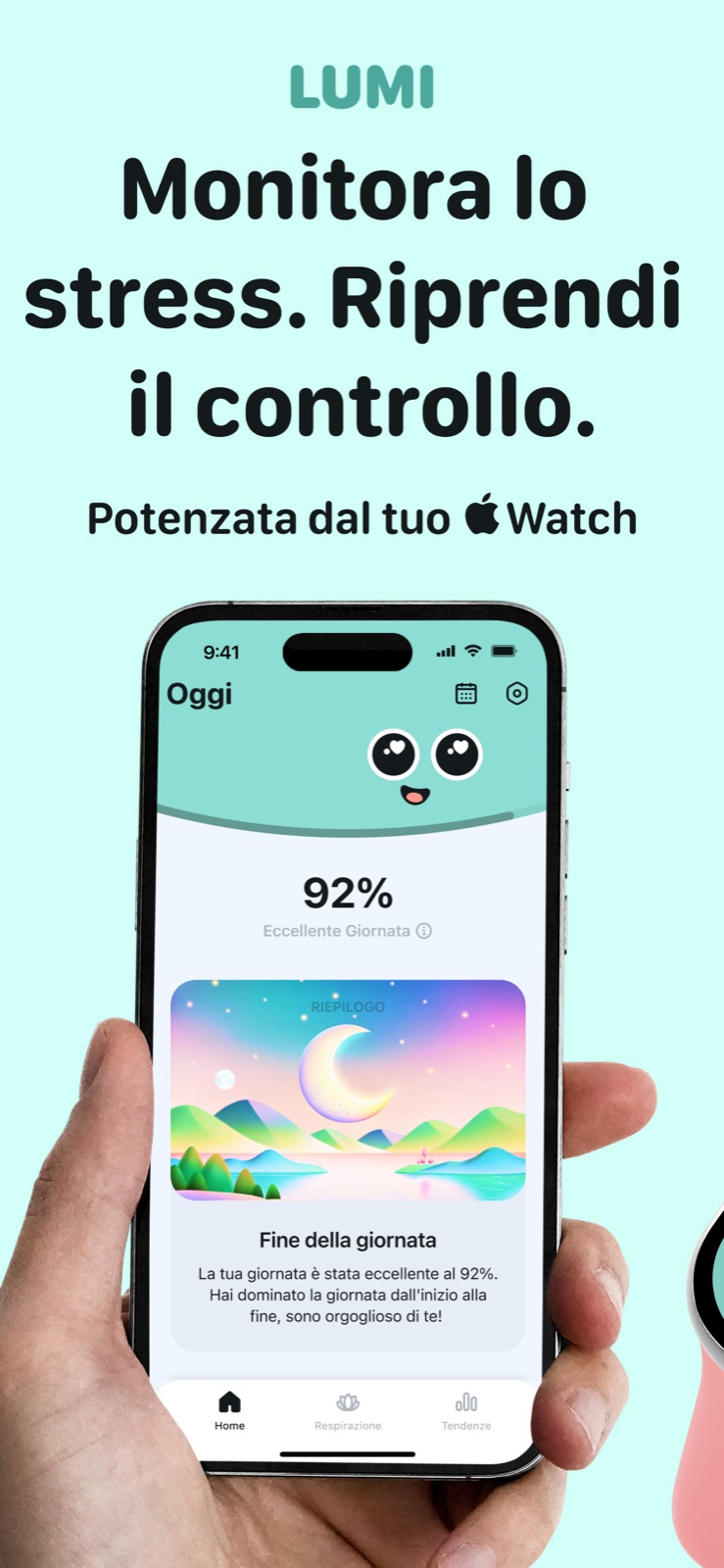 App Lumi su iPhone che mostra un punteggio di stress Excellent Day del 92%, con Apple Watch
