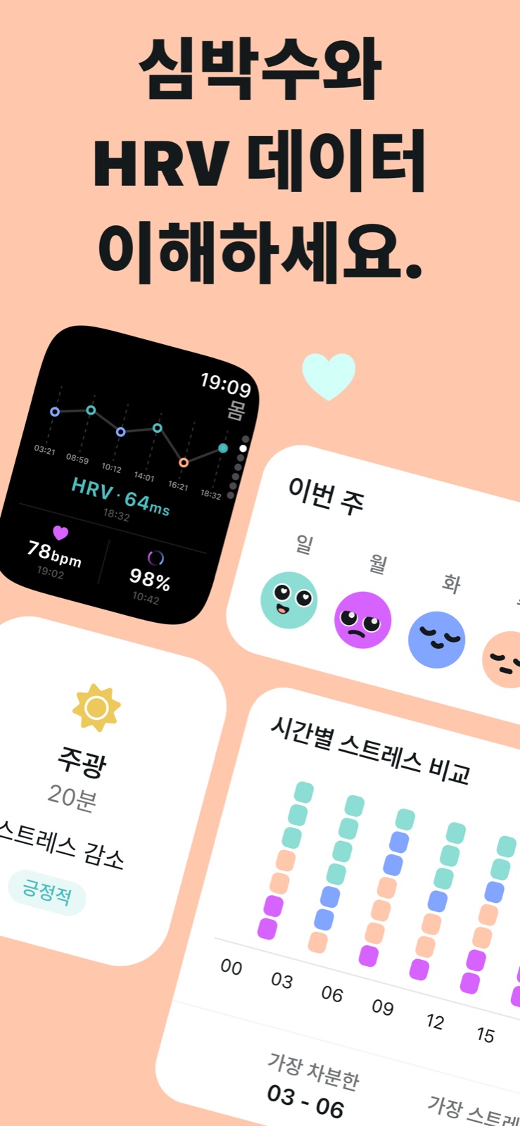 HRV와 시간대별 스트레스, 그리고 수치를 움직이는 요인을 이해하세요.