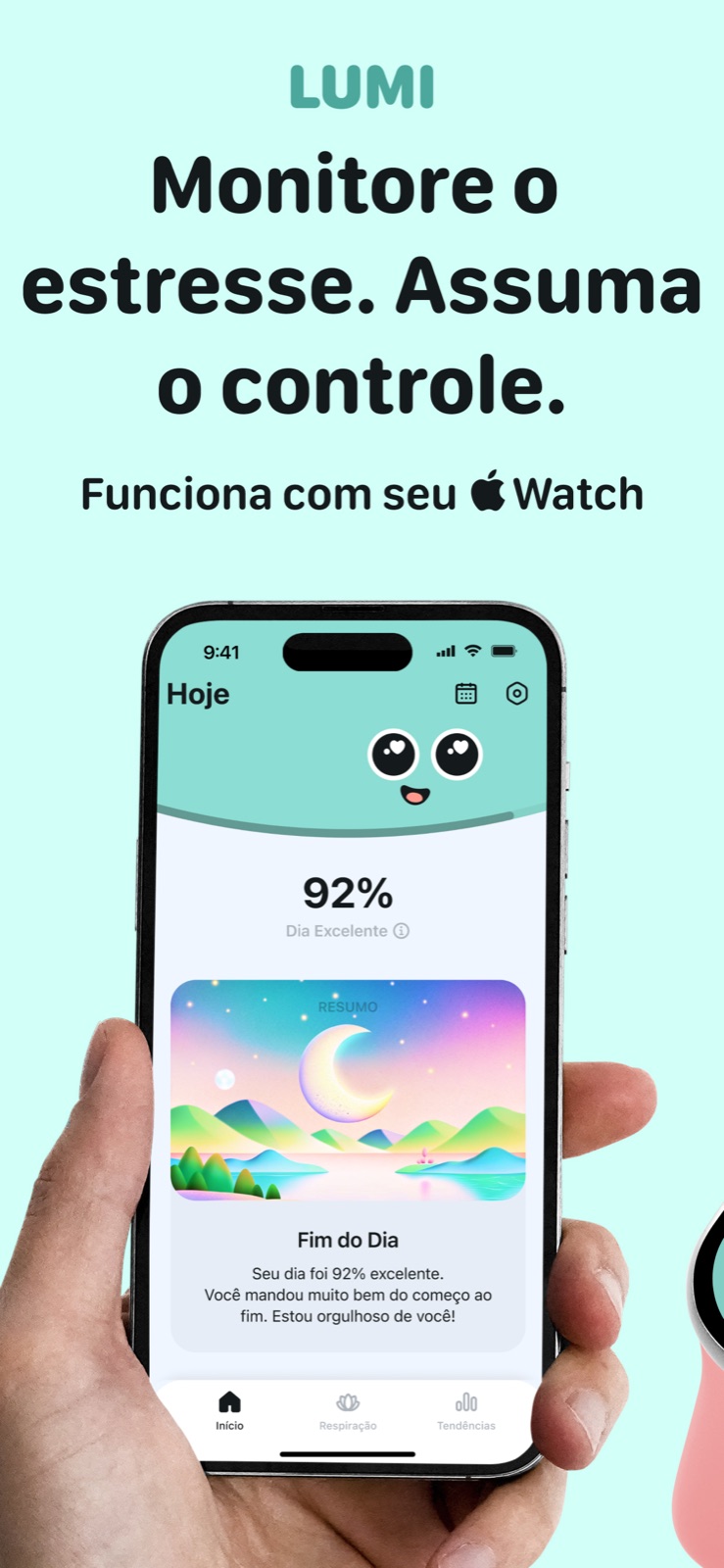 App Lumi no iPhone mostrando uma pontuação de estresse Excellent Day de 92%, com Apple Watch
