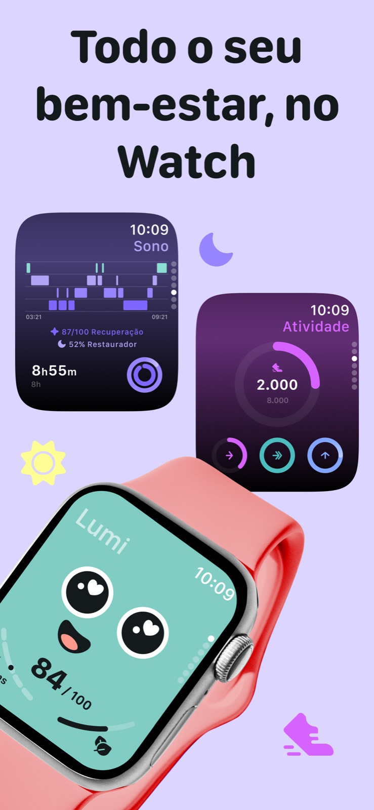 Um check-in pelo pulso: estresse, sono e atividade no Apple Watch.