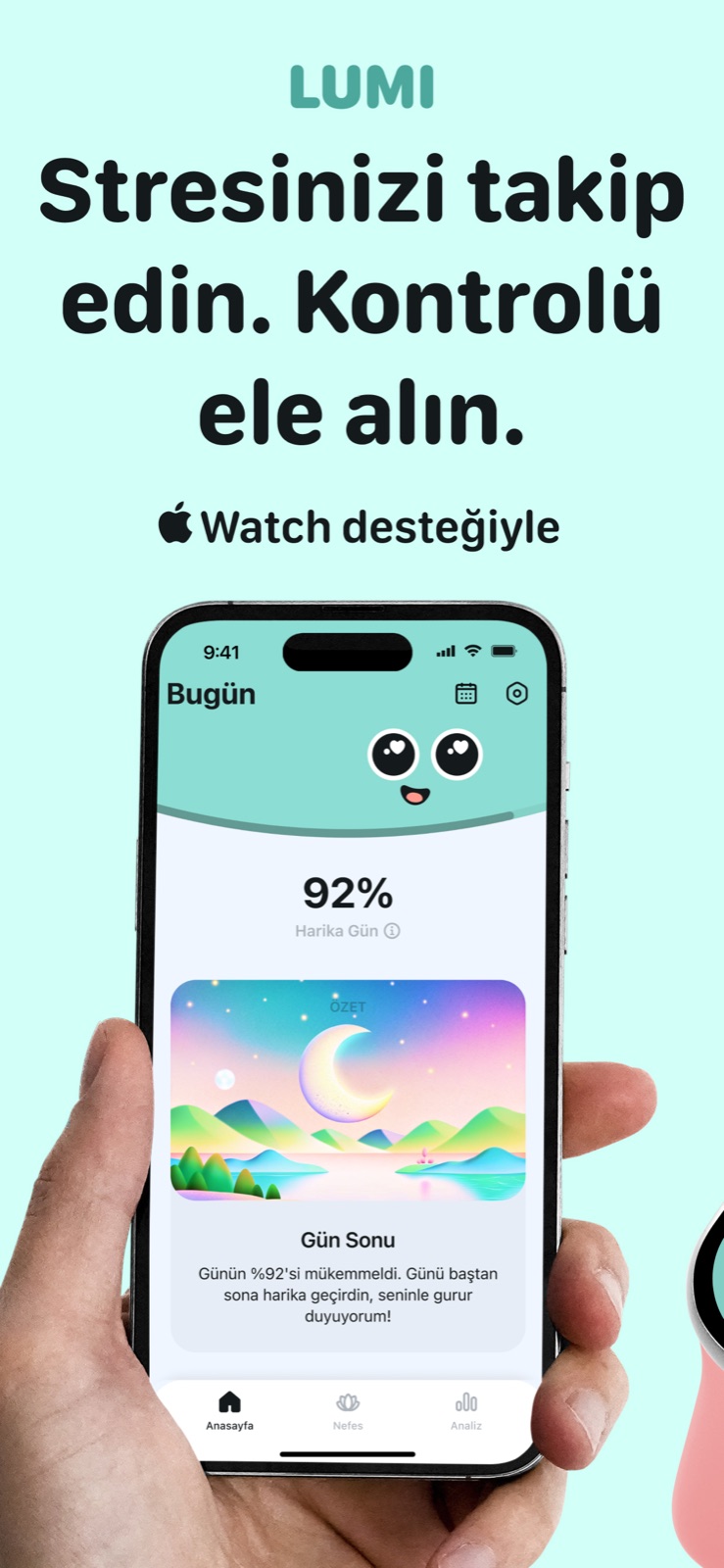 iPhone'da Lumi uygulaması, Apple Watch destekli %92 Excellent Day stres skorunu gösteriyor